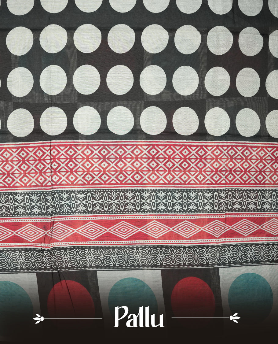 Teal and coral red colour mixed chanderi cotton saree with checkered body featuring circle motifs, geometric printed pallu, golden zari border, matching teal blouse