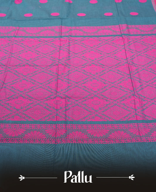 Teal Colour Silk Cotton Saree with Pink Dot Motifs Body, Accented by Pink Zari Border with Geometric Diamond Pattern Pallu, Paired with Matching Blouse Piece