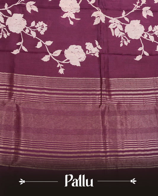 Grape Purple colour Viscos semi printed saree featuring a light golden zari border, abstract off white printed motifs on the body, and comes with a matching blouse