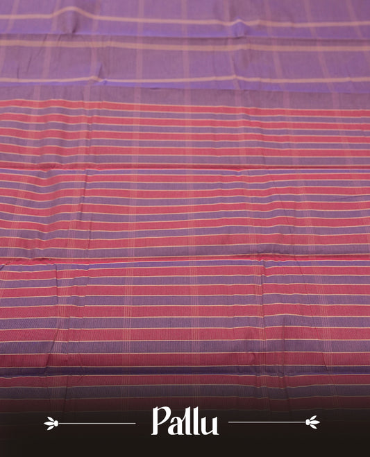 Lavender Purple Colour Silk Cotton Saree with Golden Striped Body, Contrasting Pink and Purple Striped Pallu & Border, Multi-Line Patterns, and Matching Woven Blouse Piece