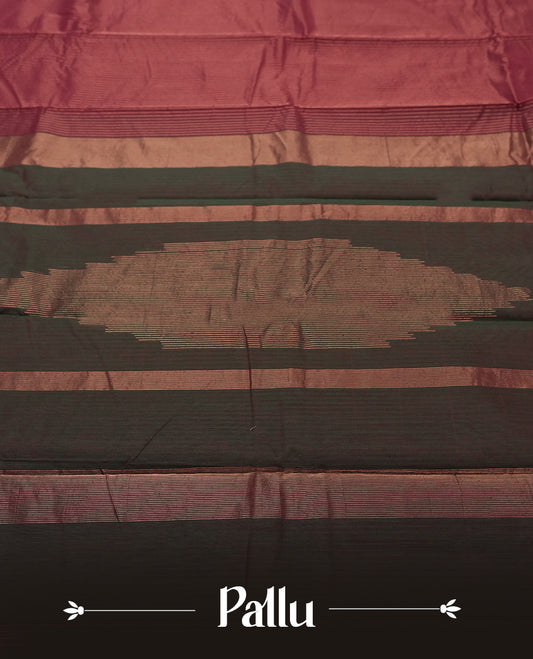Maroon Colour Silk Cotton Saree with Gold Striped Body, Accented by Black and Brown Striped Pallu with Large Rose Gold Central Motif, Paired with Matching Blouse Piece (Copy)