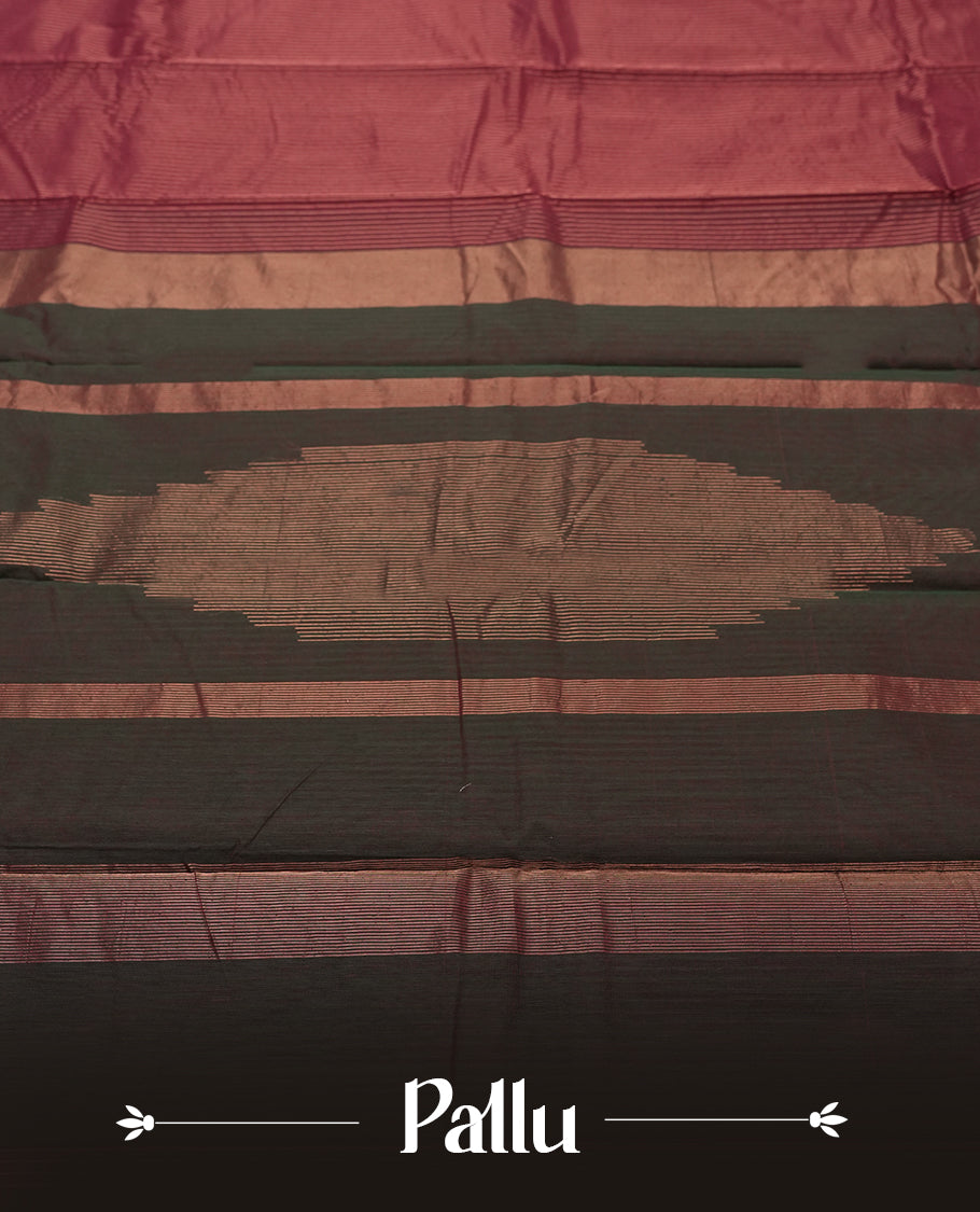 Maroon Colour Silk Cotton Saree with Gold Striped Body, Accented by Black and Brown Striped Pallu with Large Rose Gold Central Motif, Paired with Matching Blouse Piece (Copy)