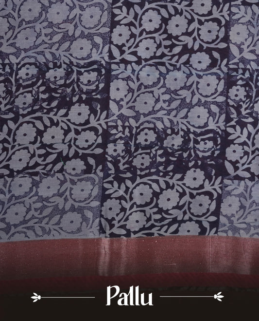 Dark blue colour chanderi silk saree featuring floral kodi print pattern across body, with contrast red colour border with zair pattern and paired with matching blouse.
