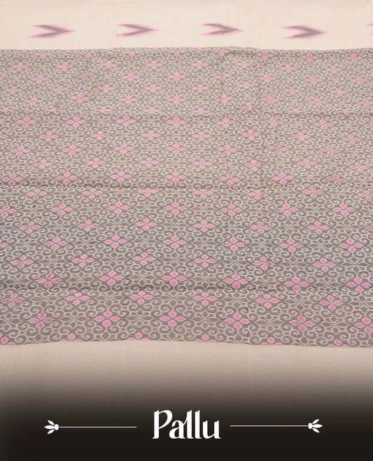 Beige Colour Silk Cotton Saree with Pink and Grey Arrow Motifs Body, Accented by brown and Pink Geometric Pattern Pallu, Paired with Matching Blouse Piece