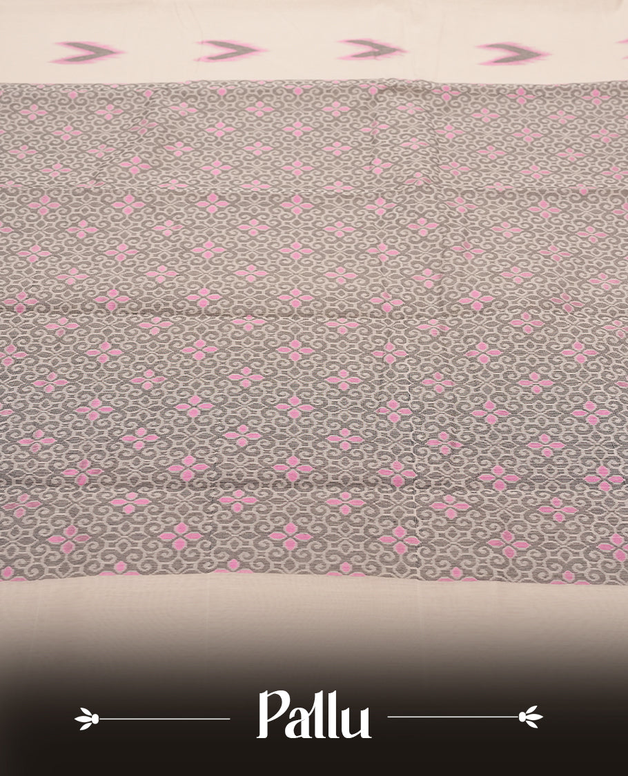 Beige Colour Silk Cotton Saree with Pink and Grey Arrow Motifs Body, Accented by brown and Pink Geometric Pattern Pallu, Paired with Matching Blouse Piece