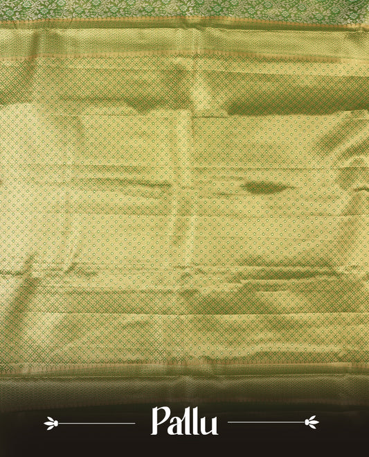 Light green colour and silver Zari Tissue Brocade Saree features intricate Dimond floral Motifs on body and dark green colour contrast with traditional border & pallu, paired with matching blouse