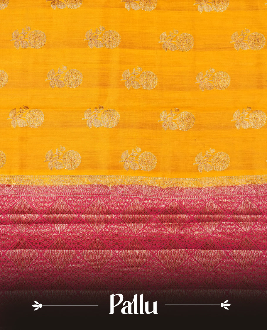 Mustard Colour Pure Banaras soft Silk Saree having gold floral motifs on Body with contrast Dark pink colour gold zari Border and matching Blouse
