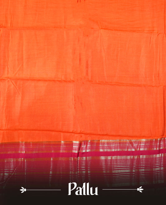 Orange colour mixed chanderi cotton saree with plain body, rani pink pallu and border with gold zari geometric motifs, and matching rani pink blouse