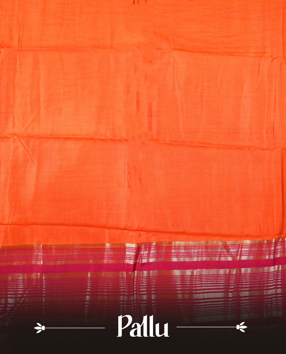 Orange colour mixed chanderi cotton saree with plain body, rani pink pallu and border with gold zari geometric motifs, and matching rani pink blouse