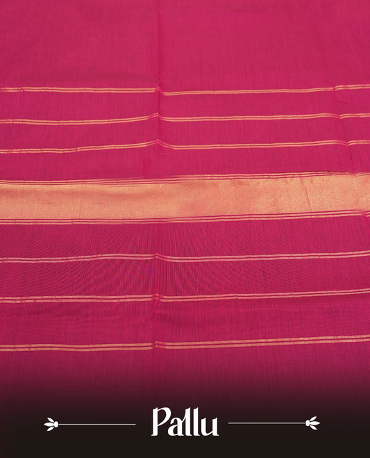 Magenta Chettinad cotton saree featuring a traditional gold zari maroon colour border with intricate temple motifs, soft texture, and elegant finish & Comes with a matching blouse for a classic ethnic look.