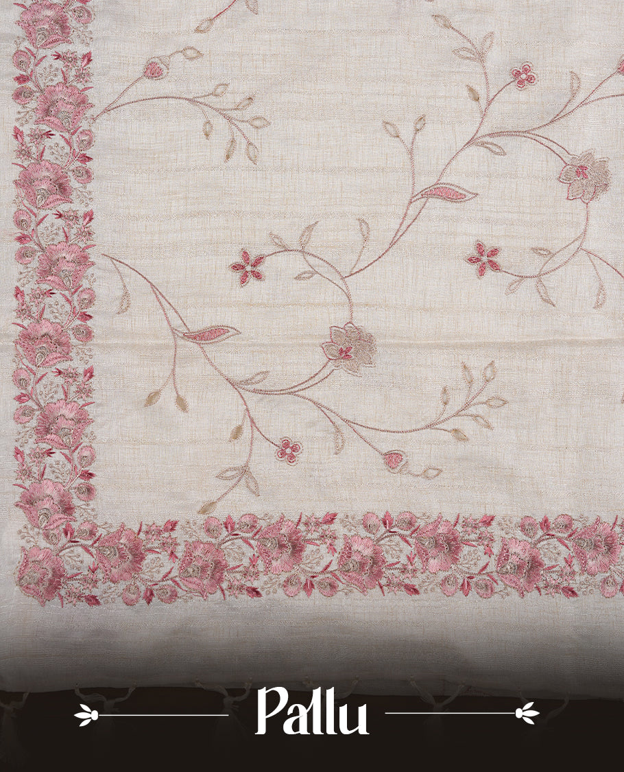 Cream colour semi tusser silk saree featuring with Pink colour thread embroidery kodi pattern all over body, pallu, border  and paired with matching blouse piece.