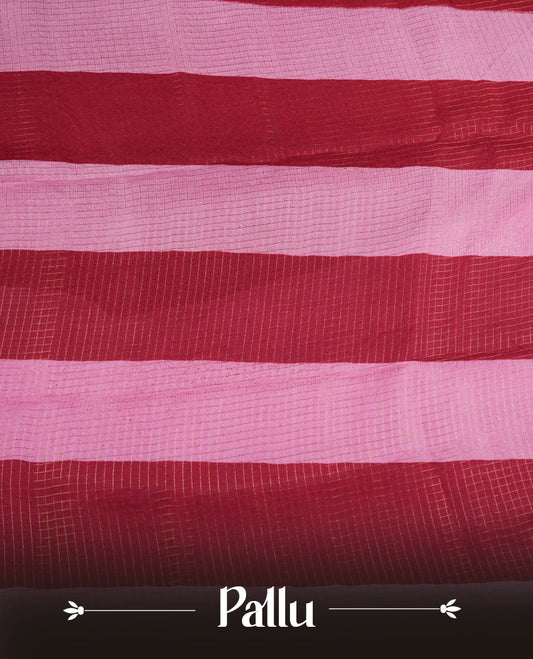 Red colour saree featuring fine check patterns on the body, paired with contrast pink colour zari woven border and pallu. Comes with a matching blouse piece