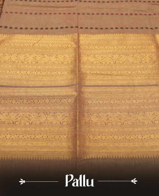 Beige Silk Cotton Saree with Red and Brown Dotted Body, Accented by Gold Zari Ornamental Border on Gold Pallu, Paired with Matching Blouse Piece