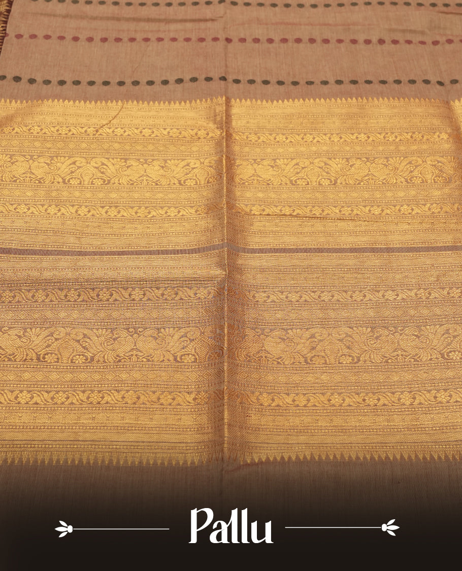 Beige Silk Cotton Saree with Red and Brown Dotted Body, Accented by Gold Zari Ornamental Border on Gold Pallu, Paired with Matching Blouse Piece