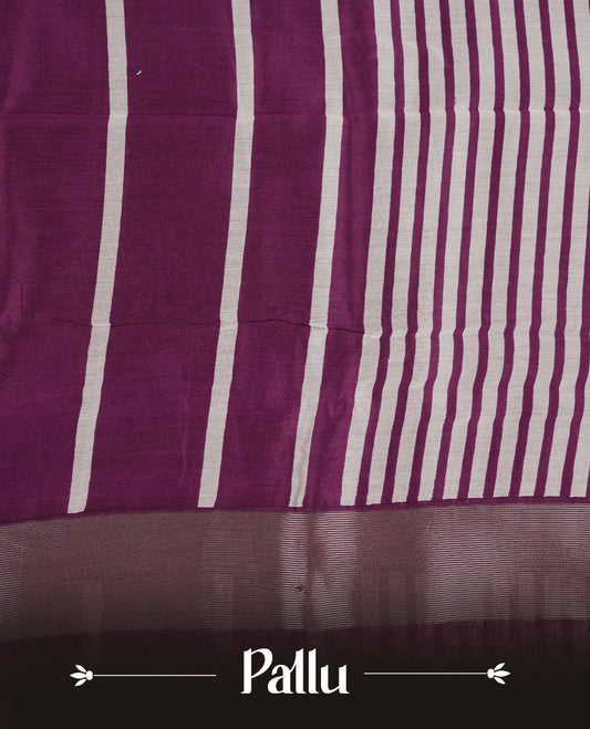 Purple colour chanderi silk saree featuring white stripped print pattern across body, with Antique zari pattern border and paired with matching blouse.