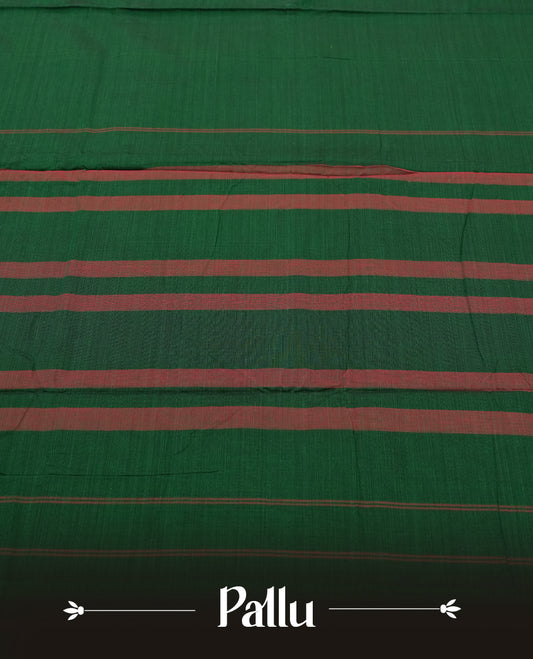 Dark Green colour Narayanapattu cotton saree featuring a self coloured body, maroon coloured zari pattern border and maroon striped colour pallu, pairing a matching blouse piece.