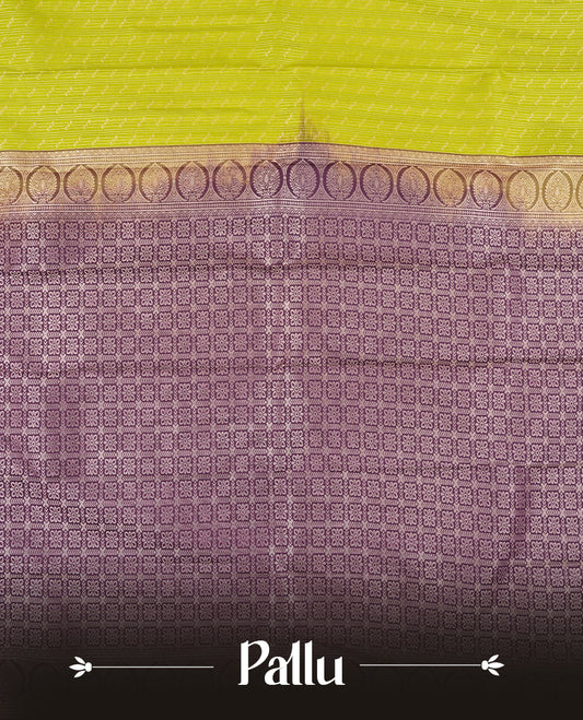 Lime Green Colour Semi Silk Saree with Silver Diagonal Butta Body, Self Coloured Silver Zari Pallu & Border, Paisley Motifs, and Matching Blouse Piece