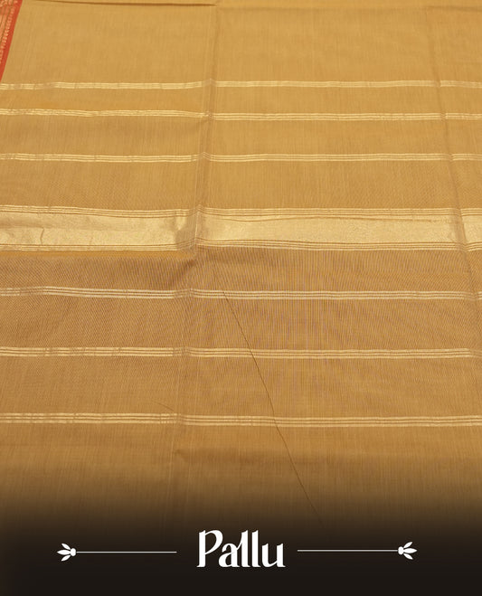 Beige Gold colour Silk Cotton Saree with Contrast Red Zari Border Featuring Elephant and Peacock Motifs, Subtle Allover Body, Richly Patterned Blouse Piece, and Matching Elegant Pallu with Gold Stripes