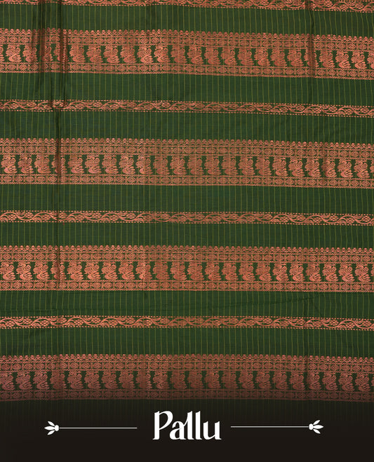 copper coloured mixed Kalyani cotton saree featuring copper zari checks on the body, complemented by a dark green coloured border and pallu adorned with copper zari patterns, Paired with a matching blouse.