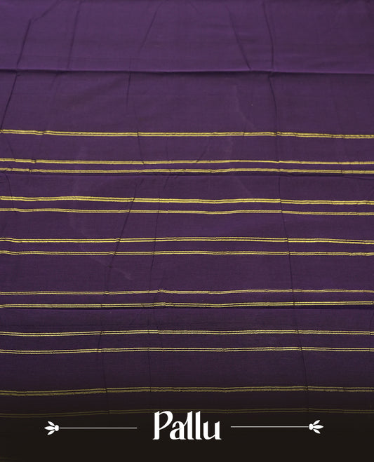 Dark Purple colour Narayanapattu cotton saree featuring a self coloured body, maroon coloured with gold zari pattern border and gold striped colour pallu, pairing a matching blouse piece.