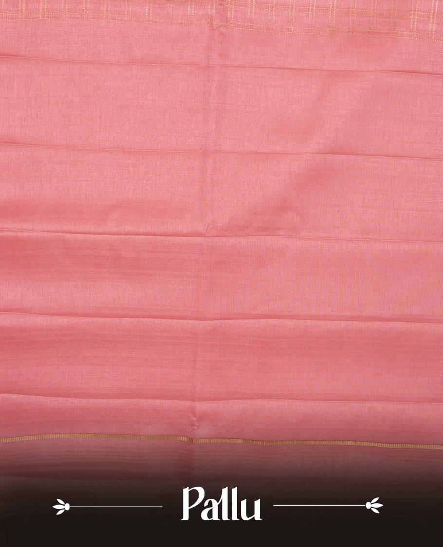 Baby pink colour semi Tussar saree highlights gold zari check pattern across body,  border, pallu and paired with matching blouse piece.