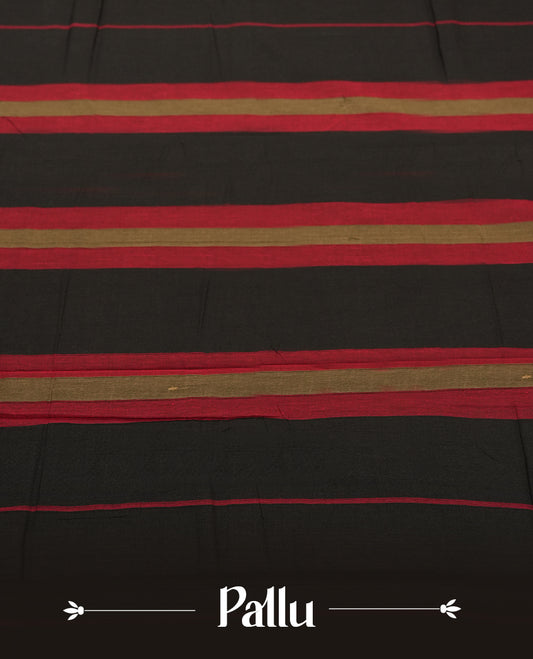 Black colour Narayanapattu cotton saree with a plain body and maroon borders featuring traditional golden elephant motifs & A timeless ethnic piece, this saree comes without a blouse piece.