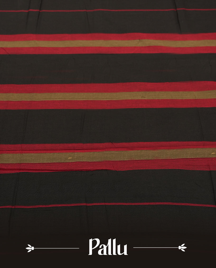 Black colour Narayanapattu cotton saree with a plain body and maroon borders featuring traditional golden elephant motifs & A timeless ethnic piece, this saree comes without a blouse piece.