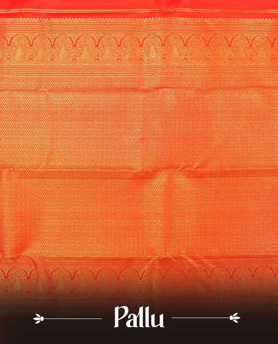 Bright Red colour Kanchipuram Samudrika Silk Saree featuring pattern weaving with gold zari jacquard and a traditional Kanchipuram zari border, paired with a matching designer jacquard blouse piece