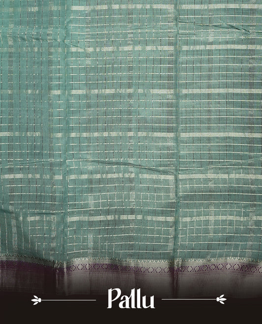 Teal green colour mixed chanderi cotton saree featuring gold checkered body, purple pallu with rose gold zari border, and matching blouse.