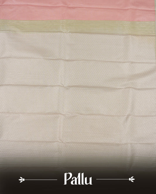 Pastel pink colour Semi Silk Saree with gold zari striped patterns on the body, paired with a contrasting Gray colour traditional pallu and border, and a matching blouse piece.