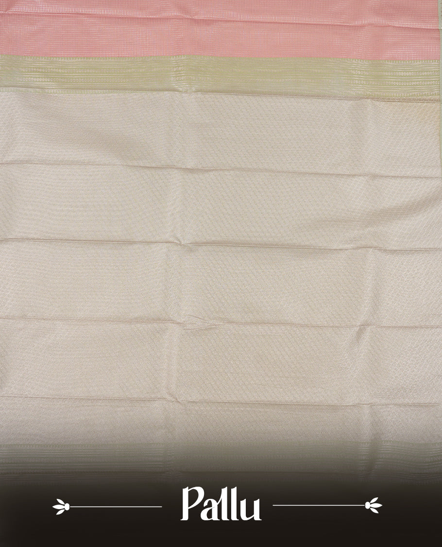 Pastel pink colour Semi Silk Saree with gold zari striped patterns on the body, paired with a contrasting Gray colour traditional pallu and border, and a matching blouse piece.