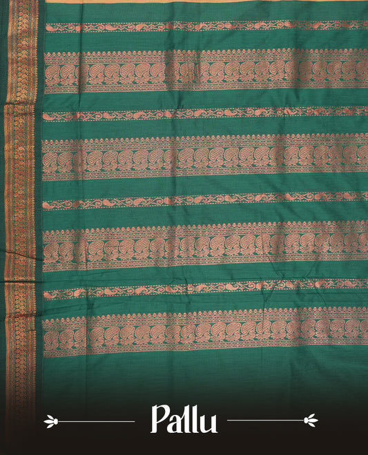Bronze Orange colour Kalyani cotton saree with intricate small motifs all over, paired with a contrasting dark green rich zari woven border and pallu & Comes with a matching blouse piece