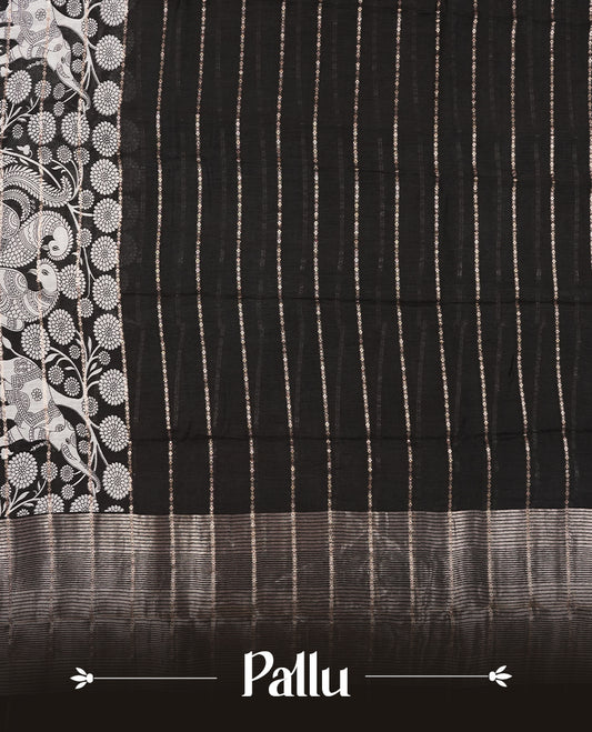 Black colour chanderi silk saree with gold zari strip pattern On body, compilmented by self colour border with antique zari pattern & white animal & forest print pattern and a matching blouse.