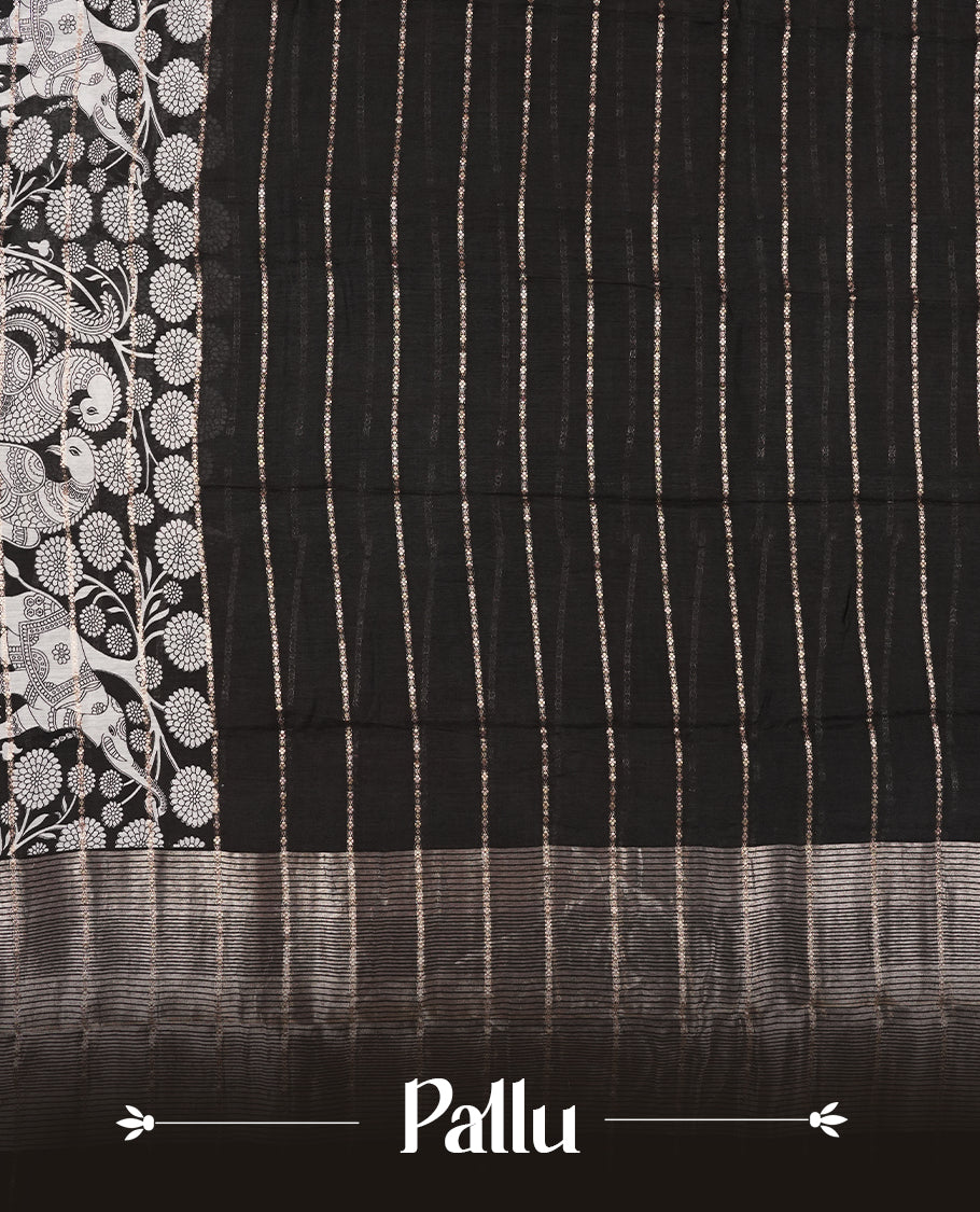 Black colour chanderi silk saree with gold zari strip pattern On body, compilmented by self colour border with antique zari pattern & white animal & forest print pattern and a matching blouse.