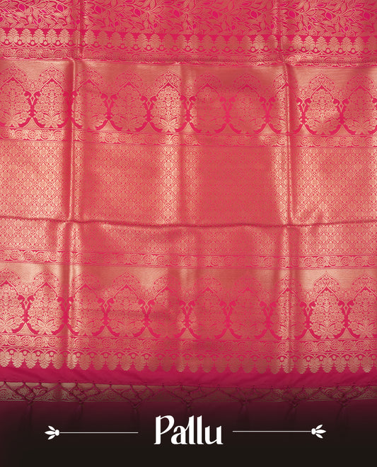 Dark Magenta colour semi soft silk saree featuring an all-over woven leaf pattern in gold colour, finished with a matching border adorned with detailed paisley and floral motifs, and a matching blouse piece.
