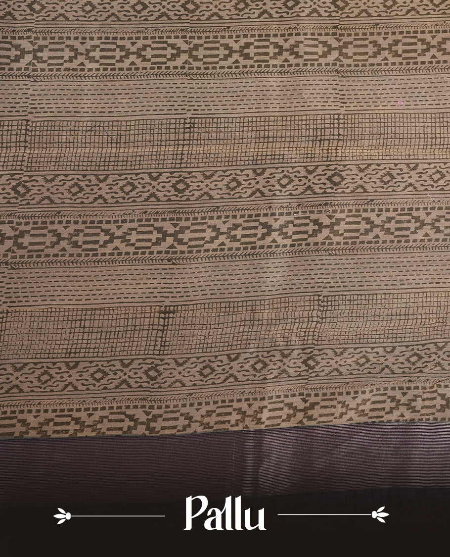 Khaki colour chanderi silk saree featuring geometric print pattern across body, with contrast Blue colour border with zari pattern and paired with matching blouse.