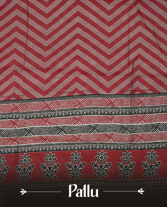 brick red colour mixed chanderi cotton saree with zigzag body pattern, printed geometric pallu with floral border, golden zari border, matching brick red blouse.