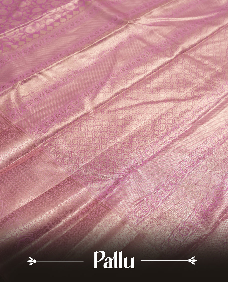 Taffy pink colour and Antique gold Zari Tissue Brocade Saree features intricate floral Motifs on body and traditional border & pallu, paired with matching blouse