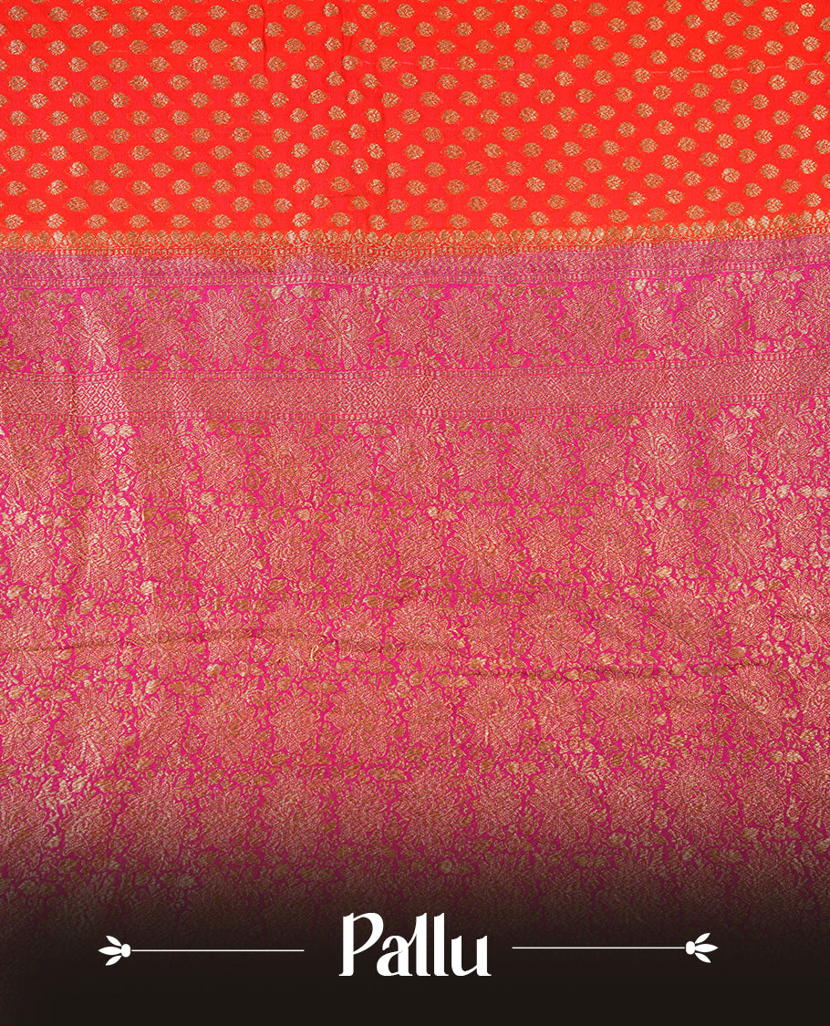 Orange colour pure Banarasi Crepe saree featuring Antique zari Flower Motifs all over the body, complemented by an contrast Pink dye colour with gold zari Floral Kodi Worked border and pallu, with matching blouse.