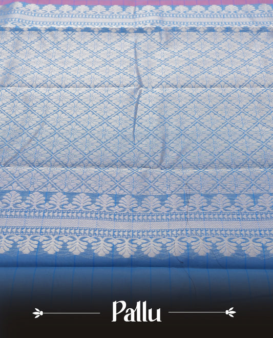 Mauve Silk Cotton Saree with Silver Butta Body, Accented by Teal and Silver Zari Geometric Border on Teal and Silver Striped Pallu, Paired with Matching Blouse Piece