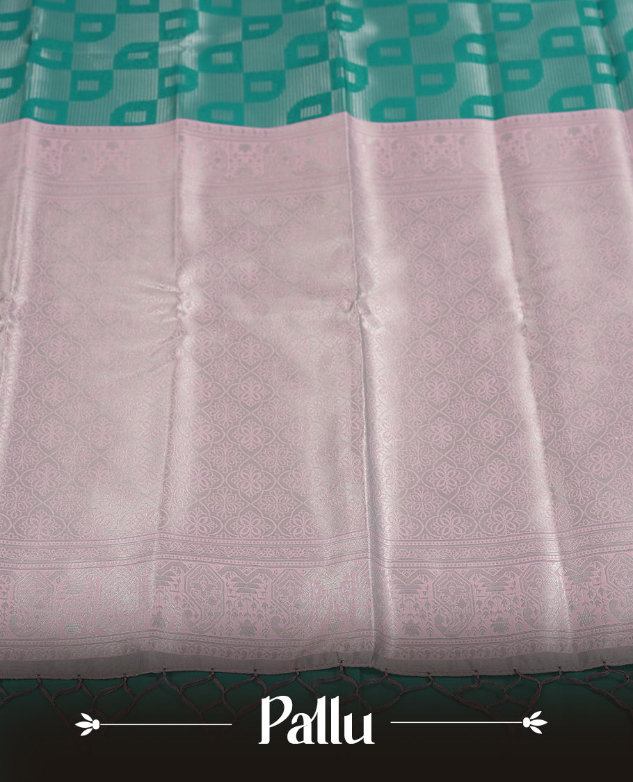 Mint Green colour Semi Silk Saree with Self-Checked Geometric Patterns, Contrasting Silver Zari Woven Pallu and Border with Intricate Motifs and Tassels, Paired with Coordinated Blouse Piece