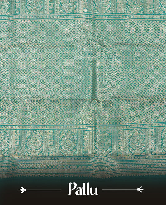 Peacock blue colour Kanchipuram Samudrika Silk Saree featuring Floral kodi in square pattern weaving with gold zari jacquard and a traditional zari border, paired with a matching designer jacquard blouse piece