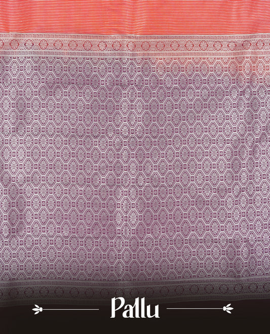 Tomato Red Colour Semi Silk Saree with Silver Striped Body, Self Coloured Silver Zari Pallu & Border, Ornate Scallop Motifs, and Matching Blouse Piece