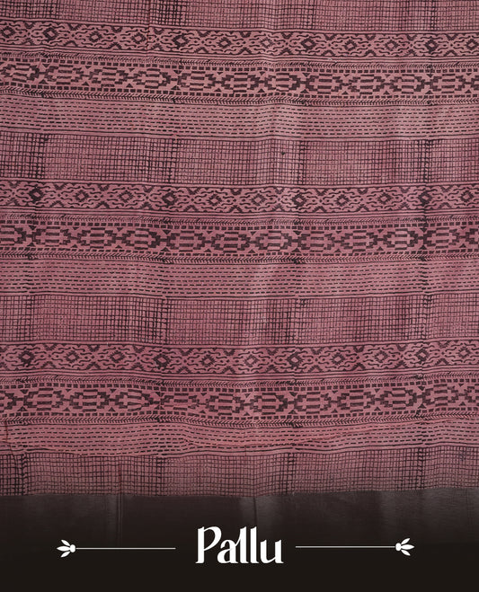 Pink colour chanderi silk saree featuring geometric print pattern across body, with contrast Blue colour border with zari pattern and paired with matching blouse.