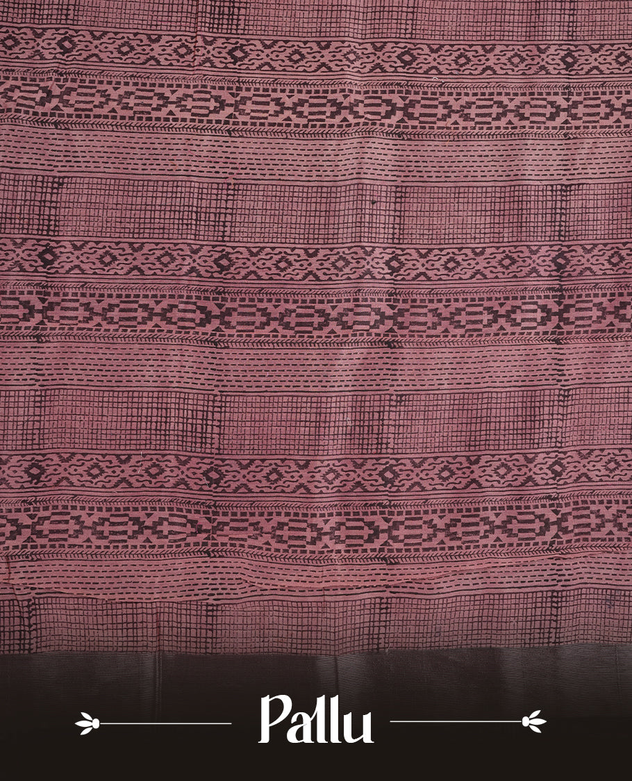 Pink colour chanderi silk saree featuring geometric print pattern across body, with contrast Blue colour border with zari pattern and paired with matching blouse.