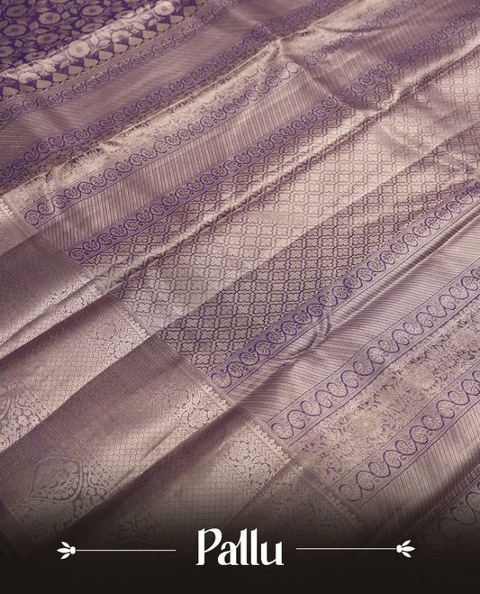 Purple colour and Antique silver Zari Tissue Brocade Saree features intricate Motifs on body and traditional border & pallu with floral patterns, paired with matching blouse