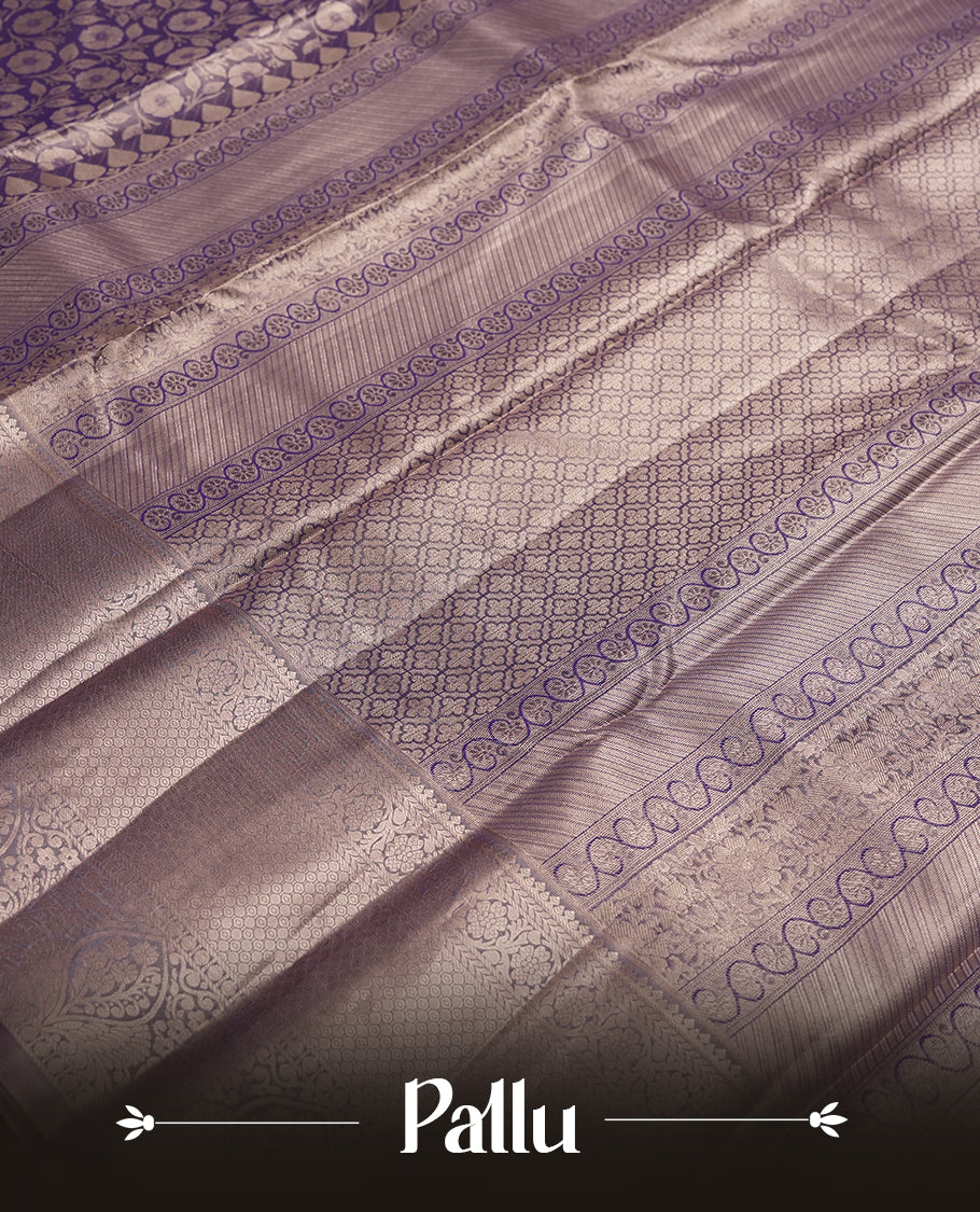 Purple colour and Antique silver Zari Tissue Brocade Saree features intricate Motifs on body and traditional border & pallu with floral patterns, paired with matching blouse