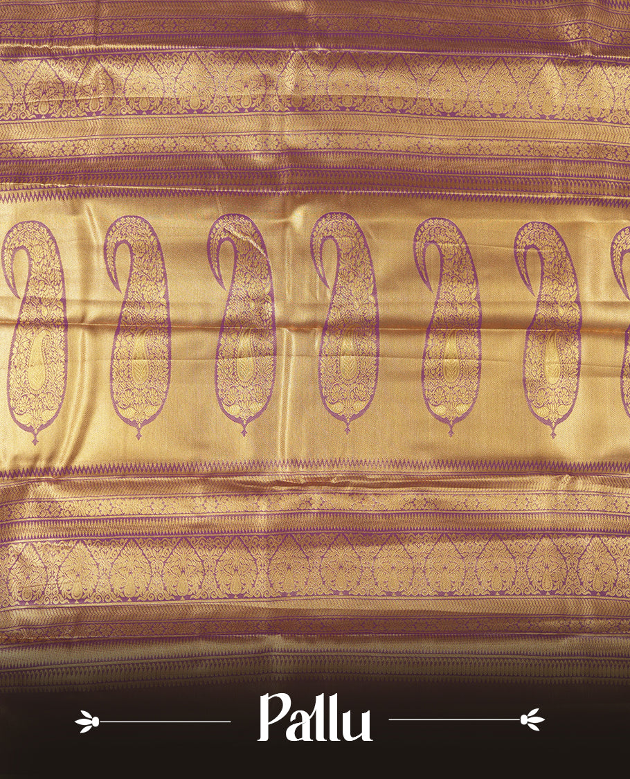 Purple colour and gold & silver Zari Tissue Brocade Saree features intricate Motifs on body and dark magenta contrast border with gold traditional pallu, paired with matching blouse