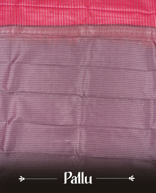 Rani pink colour Semi Silk Saree with silver zari patterns on the body, paired with a contrasting dark purple colour traditional pallu and border, and a matching blouse piece.