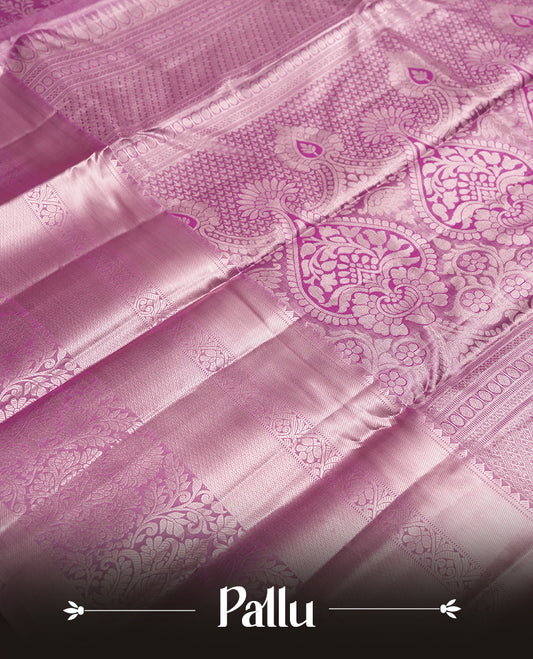 Lavender magenta and Antique silver Zari Tissue Brocade Saree features intricate floral Motifs on body and rose gold colour traditional border & pallu with floral patterns, paired with matching blouse
